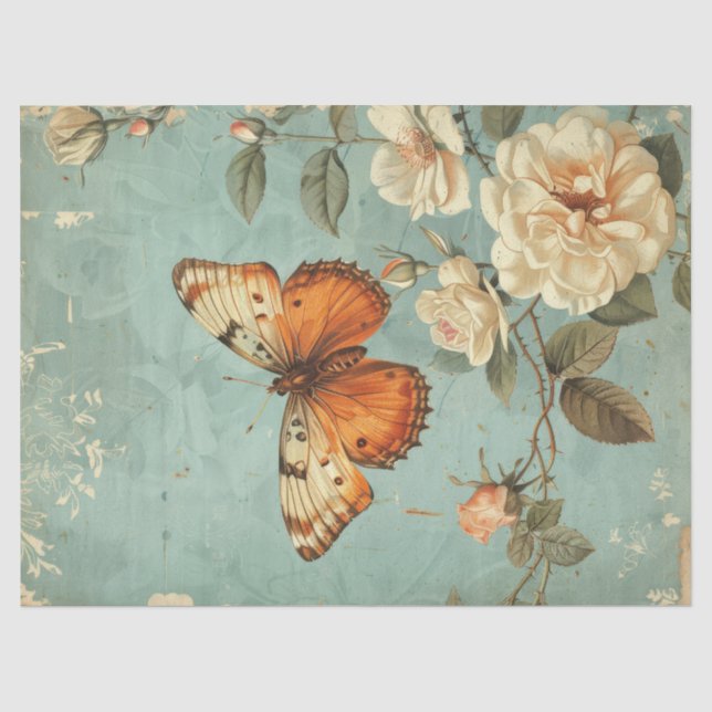 Papier Mousseline Aquarelle Shabby chic papillon orange & rose (Recto)