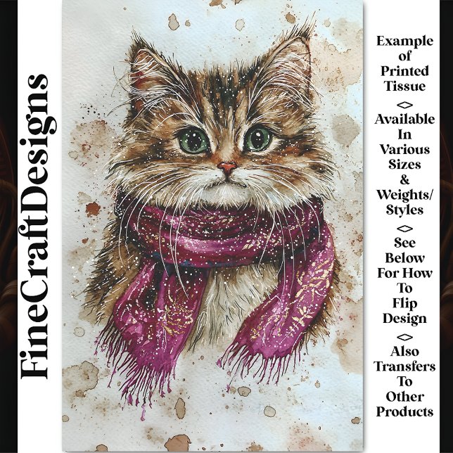 Papier Mousseline Aquarelle Tabby Chat, Écharpe, Découpage BZ4 Snowy (Créateur téléchargé)