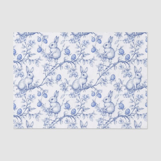 Papier Mousseline Aquarelle Toile Bleue De Jouy Rabbit de Pâques (Recto)