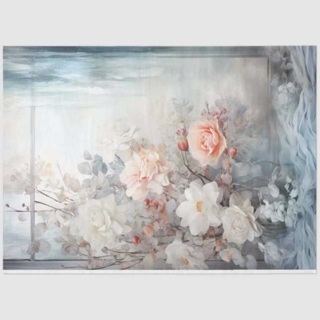 Papier Mousseline Aquarelle vert pastel pêche bleu fleurs blanches (Recto)