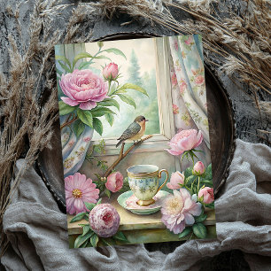 Papier Mousseline Aquarelle vintage oiseau bleu rose pâle fenêtre