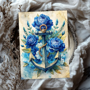 Papier Mousseline Aquarelle vintage shabby chic ancre fleurs bleues