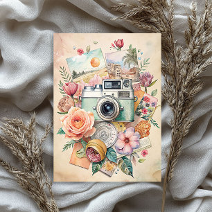 Papier Mousseline Aquarelle Voyage retro caméra vieilles photos rose