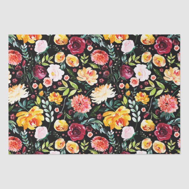 Papier Mousseline Aquarelles colorées fleurs de jardin motif (Recto)