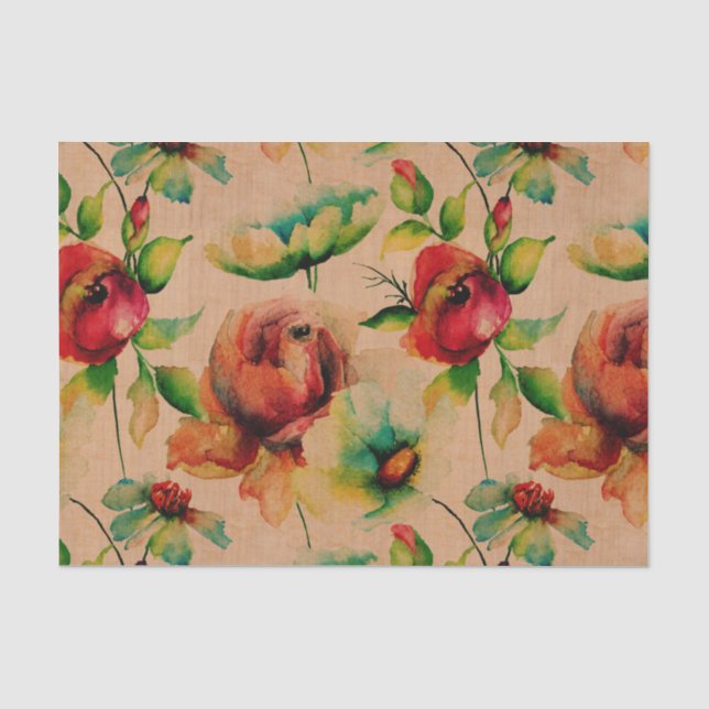 Papier Mousseline Aquarelles Roses rouges sur bois (Recto)