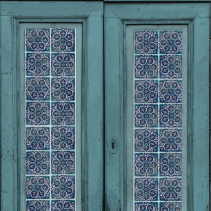 Papier Mousseline Arabesque Floral Turquoise Bleu n Carrelage blanc 
