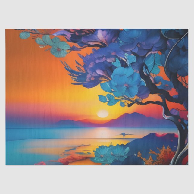 Papier Mousseline Arbre à fleurs au lac au lever du soleil (Recto)