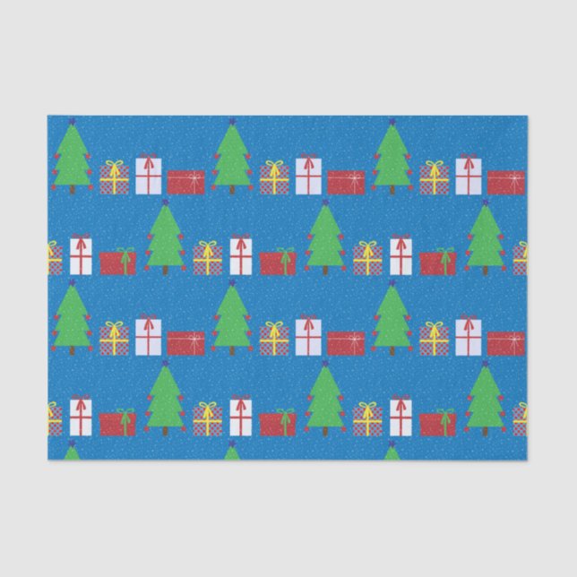Papier Mousseline Arbre de Noël et cadeaux sur papier de tissus bleu (Recto)