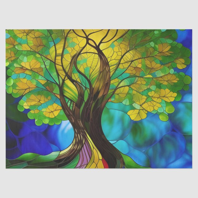 Papier Mousseline Arbre de vie Feuille vert et jaune (Recto)