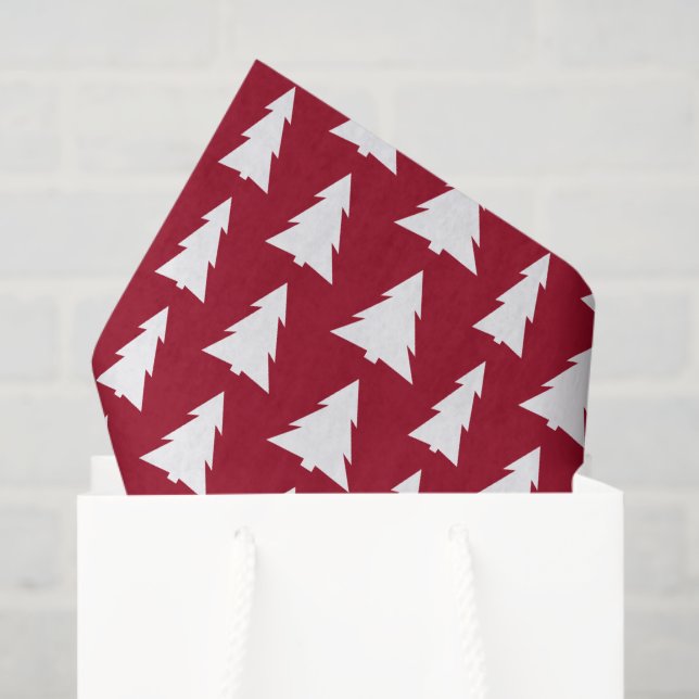 Papier Mousseline Arbres blancs modernes sur Maroon Motif de Noël (Sac cadeau)