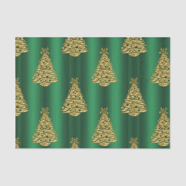 Papier Mousseline Arbres de Noël dorés sur vert (Recto)