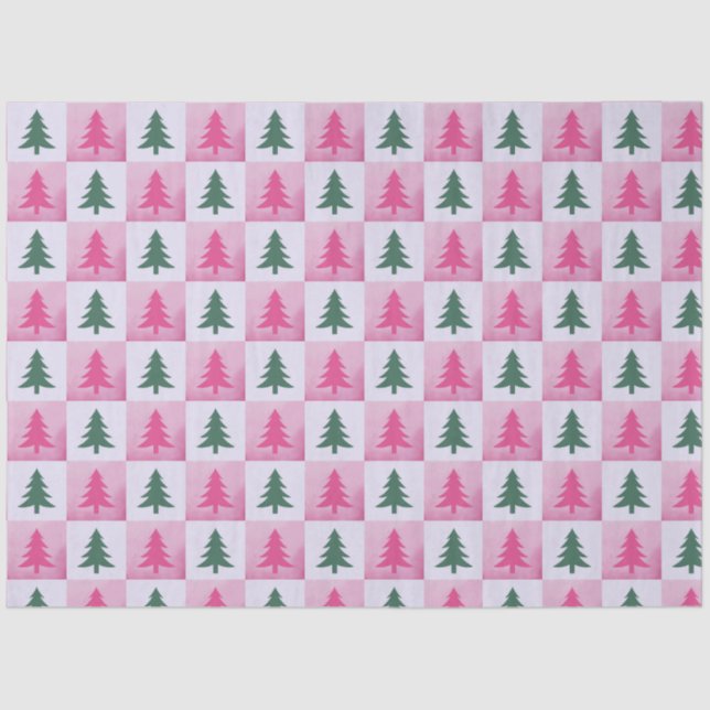 Papier Mousseline Arbres de Noël en damier rose vert Noël (Recto)