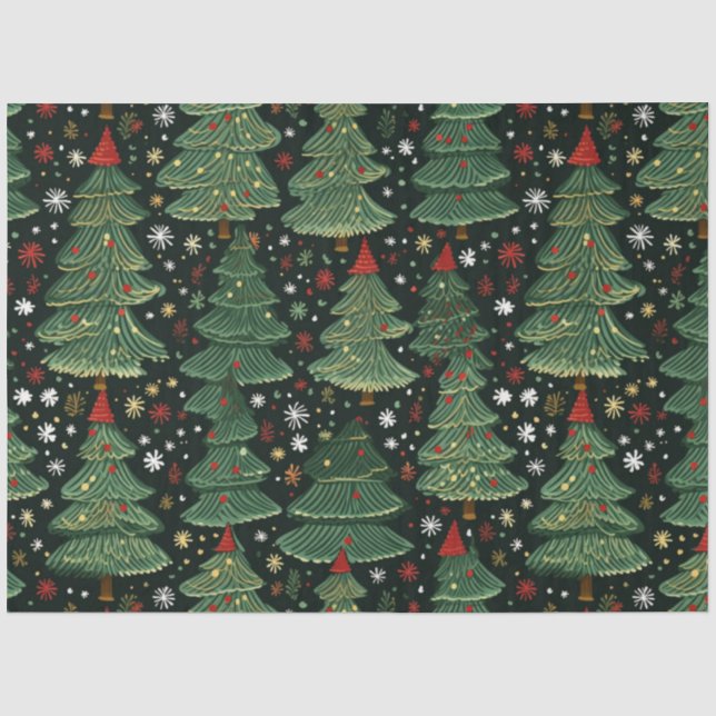 Papier Mousseline Arbres de Noël et étoiles Blanc Vert Noël (Recto)