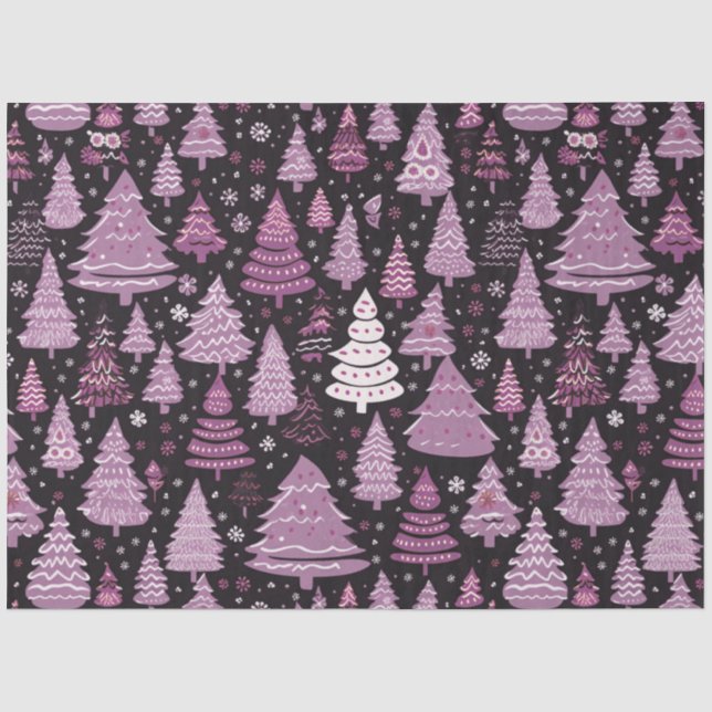 Papier Mousseline Arbres de Noël et Étoiles Violet Blanc Noël (Recto)