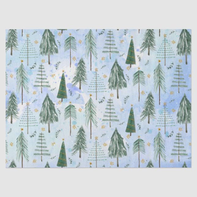 Papier Mousseline Arbres de Noël Etoiles d'or Aquarelle bleu moderne (Recto)