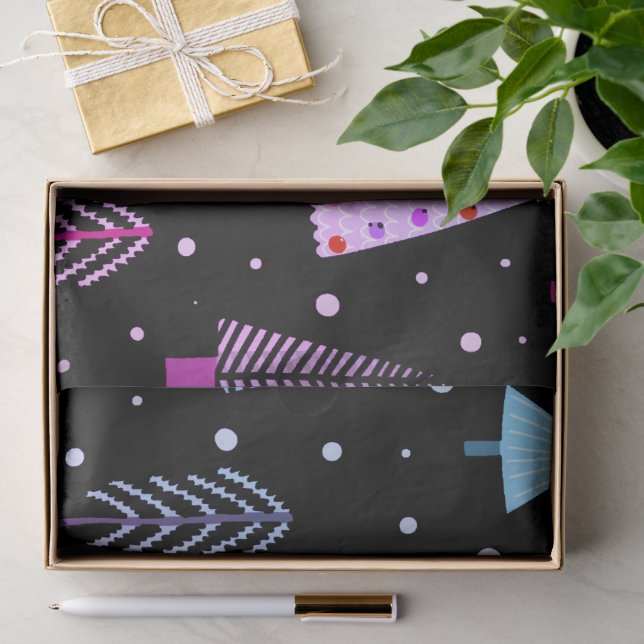 Papier Mousseline Arbres de Noël modernes violet rose noir (Cadeau)