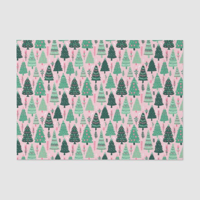Papier Mousseline Arbres de Noël Pink & Green Preppy (Recto)