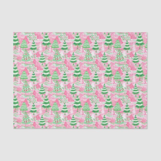 Papier Mousseline Arbres de Noël roses et verts (Recto)