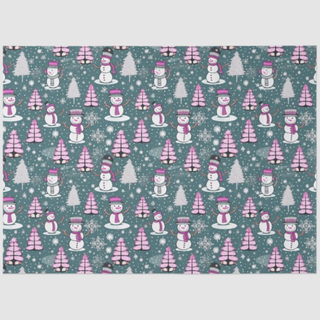 Papier Mousseline Arbres de Noël Snowmen Snowflakes Green Christmas (Recto)