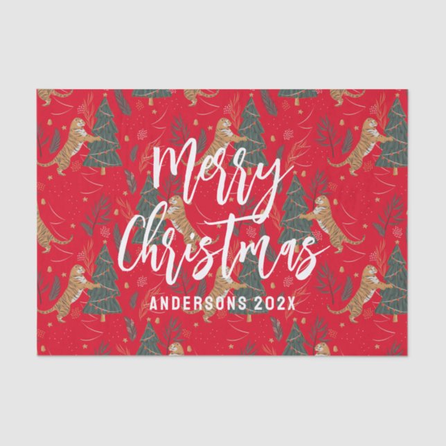 Papier Mousseline Arbres de Noël & tigres motif rouge arrière - plan (Recto)
