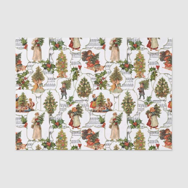 Papier Mousseline Arbres de Noël victoriens, Holly & Music (Recto)