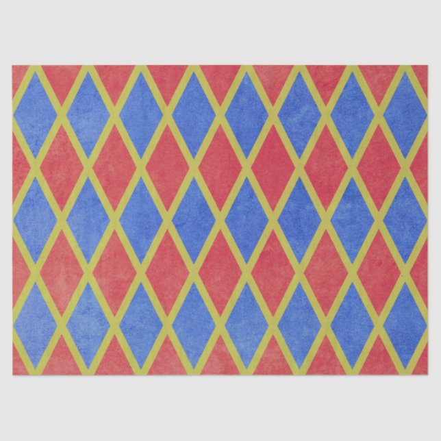 Papier Mousseline Arlequin géométrique rouge et bleu motif diamant (Recto)