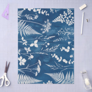 Papier Mousseline Art botanique de fougère en cyanotype bleu indigo