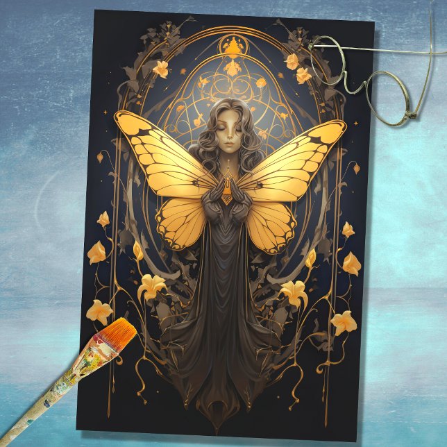 Papier Mousseline Art Nouveau Femme avec papillon 1 papier découpage (Créateur téléchargé)