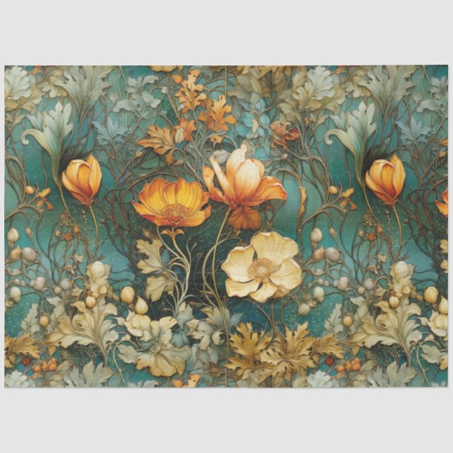 Papier Mousseline Art Nouveau Floral Chute Turquoise Ephémère Découp (Recto)