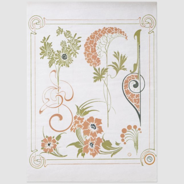 Papier Mousseline Art nouveau Mucha floral abstract art peach green (Recto)