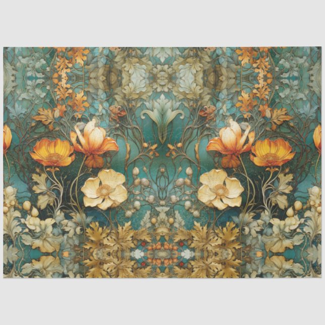 Papier Mousseline Automne Art Nouveau Floral Turquoise Ephémère Déco (Recto)