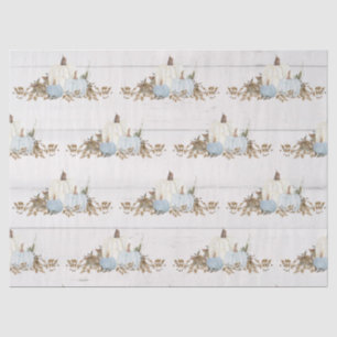 Papier Mousseline Automne Feuilles Citrouille Aquarelle Bleu en Blan