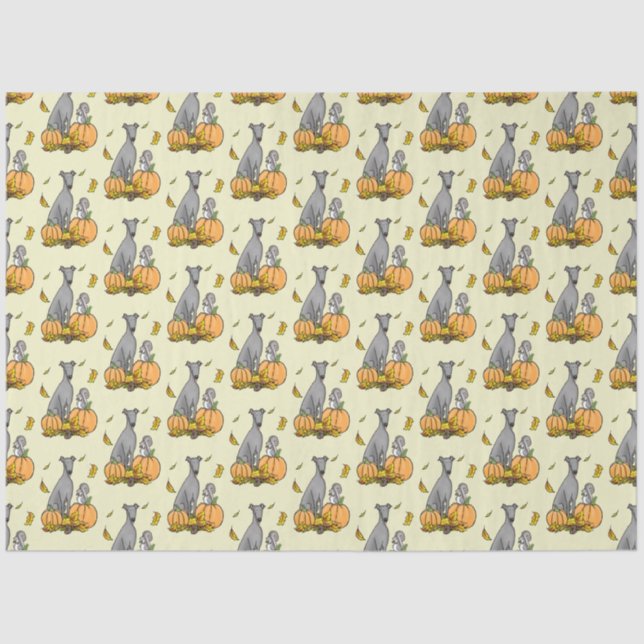 Papier Mousseline Automne Greyhound (gris) Chien Citrouille Feuilles (Recto)
