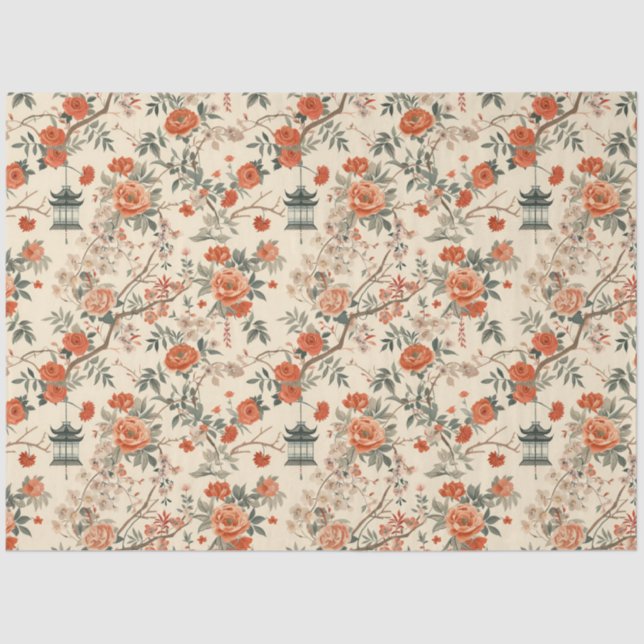 Papier Mousseline Autumn Cream Orange Floral Chinoiserie (Recto)