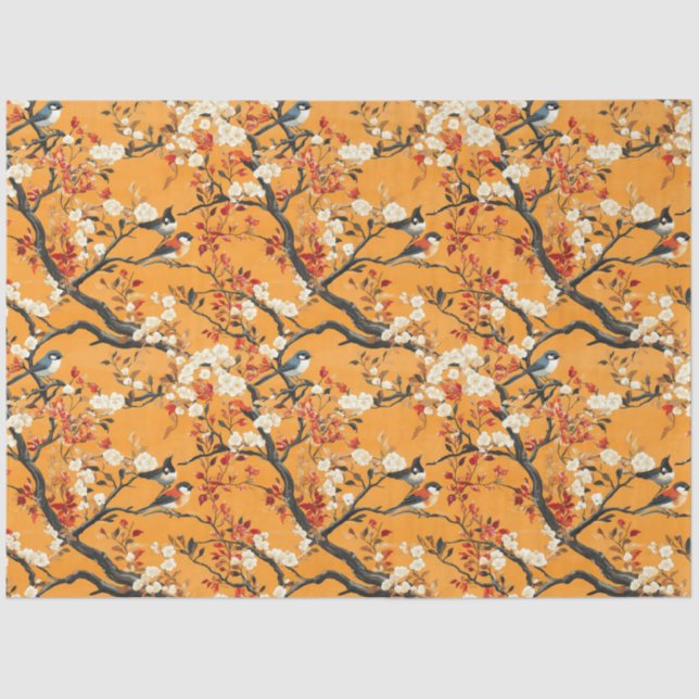Papier Mousseline Autumn Orange Floral Birds Chinoiserie (Recto)