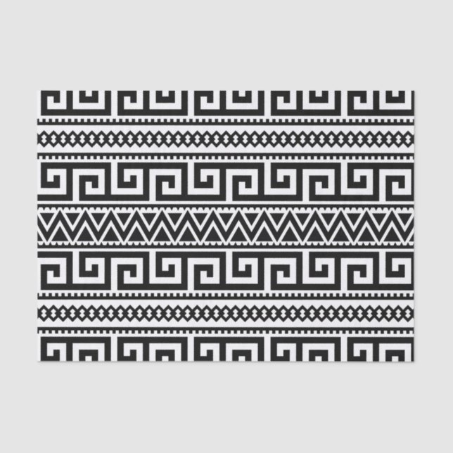 Papier Mousseline Aztec Boho, Motif tribal géométrique noir blanc (Recto)
