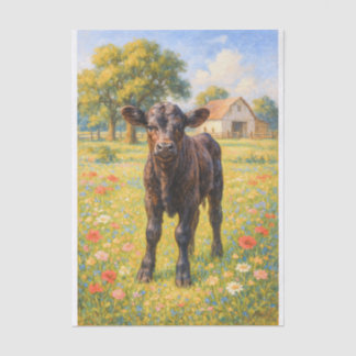 Papier Mousseline Baby Cow in Pasture Farmhouse Decoupage Paper 