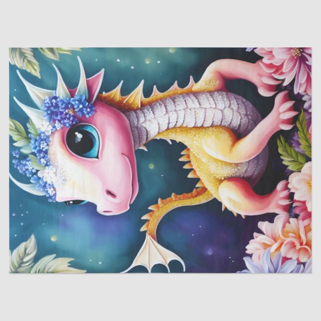 Papier Mousseline Baby Dragon Space Flowers Art (Recto)