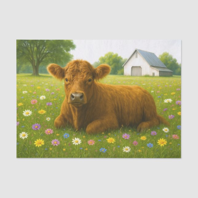 Papier Mousseline Baby Highland Cow in Pasture of Flowers (Recto)