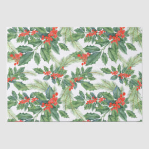 Papier Mousseline Baies Rouges et Houx Vert Floral Noël Fêtes