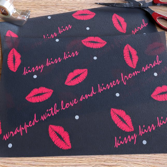 Papier Mousseline Baiser à lèvres Motif Valentines Jour Tissu Papier (Black and red lipstick kisses tissue paper with text you can customize)