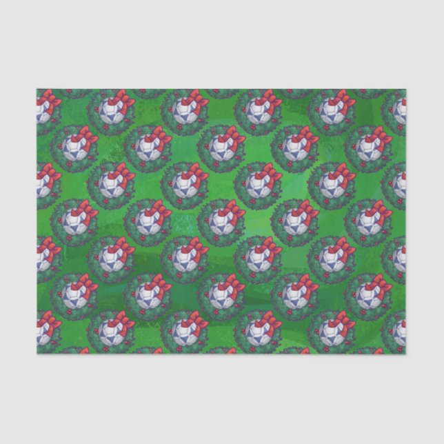 Papier Mousseline Bal de soccer blanc et bleu sur vert (Recto)