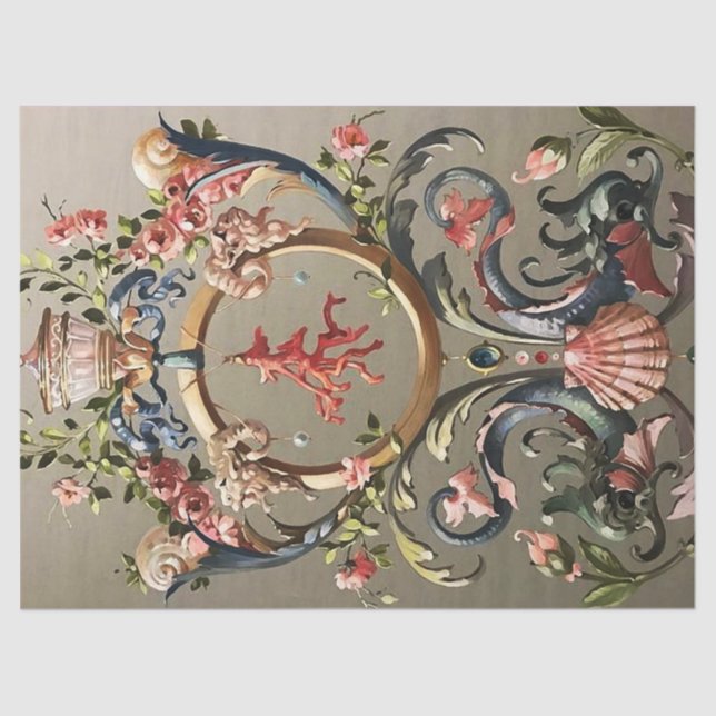 PAPIER MOUSSELINE BALEINES DE MER, CORAUX, DOLPHINES, ANCIENS BALEIN (Recto)