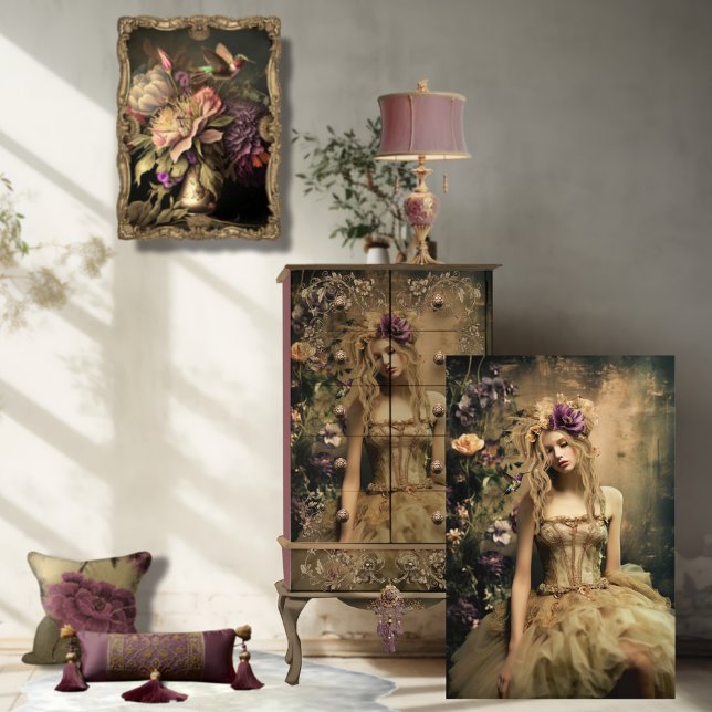 Papier Mousseline Ballerina Green, Hummingbird & Portrait Floral (Ethereal Ballerina Beauty, Humming Bird and Floral Portrait Art, in Green Chartreus & Purple.)