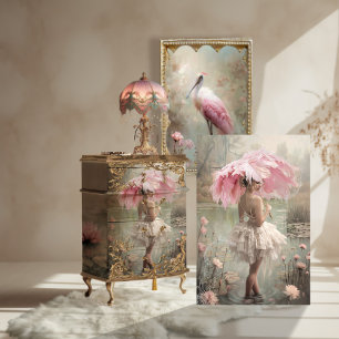 Papier Mousseline Ballerine vintage, plumes et dentelle, lac Lotus 