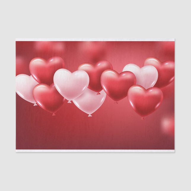 Papier Mousseline Ballons cardiaques (A digital illustration features a cluster of heart-shaped balloons against a gradient red background)