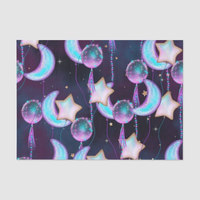 Papier Mousseline Ballons cosmiques | Blue Purple Moon Stars Planète (Recto)