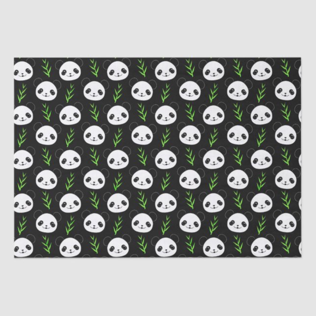 Papier Mousseline Bambou Motif Kawaii Panda En Blanc Noir (Recto)