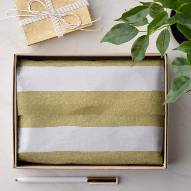 Papier Mousseline Bandes d'or, Blancs, Motif rayé (Cadeau)