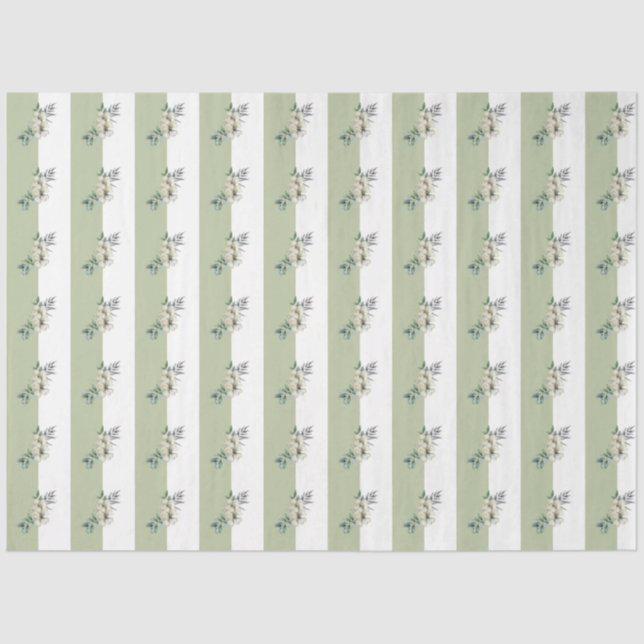 Papier Mousseline Bandes vert sauge floral et marron (Recto)